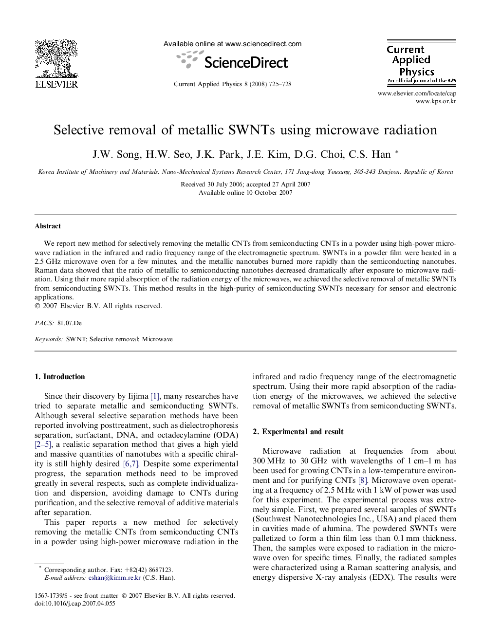 Selective removal of metallic SWNTs using microwave radiation