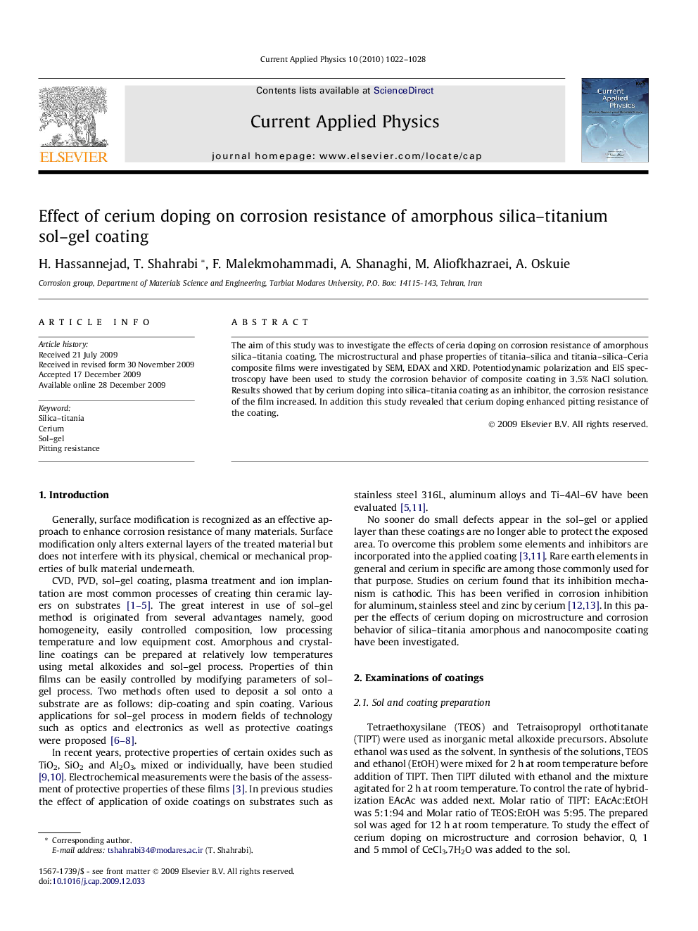 Effect of cerium doping on corrosion resistance of amorphous silica–titanium sol–gel coating