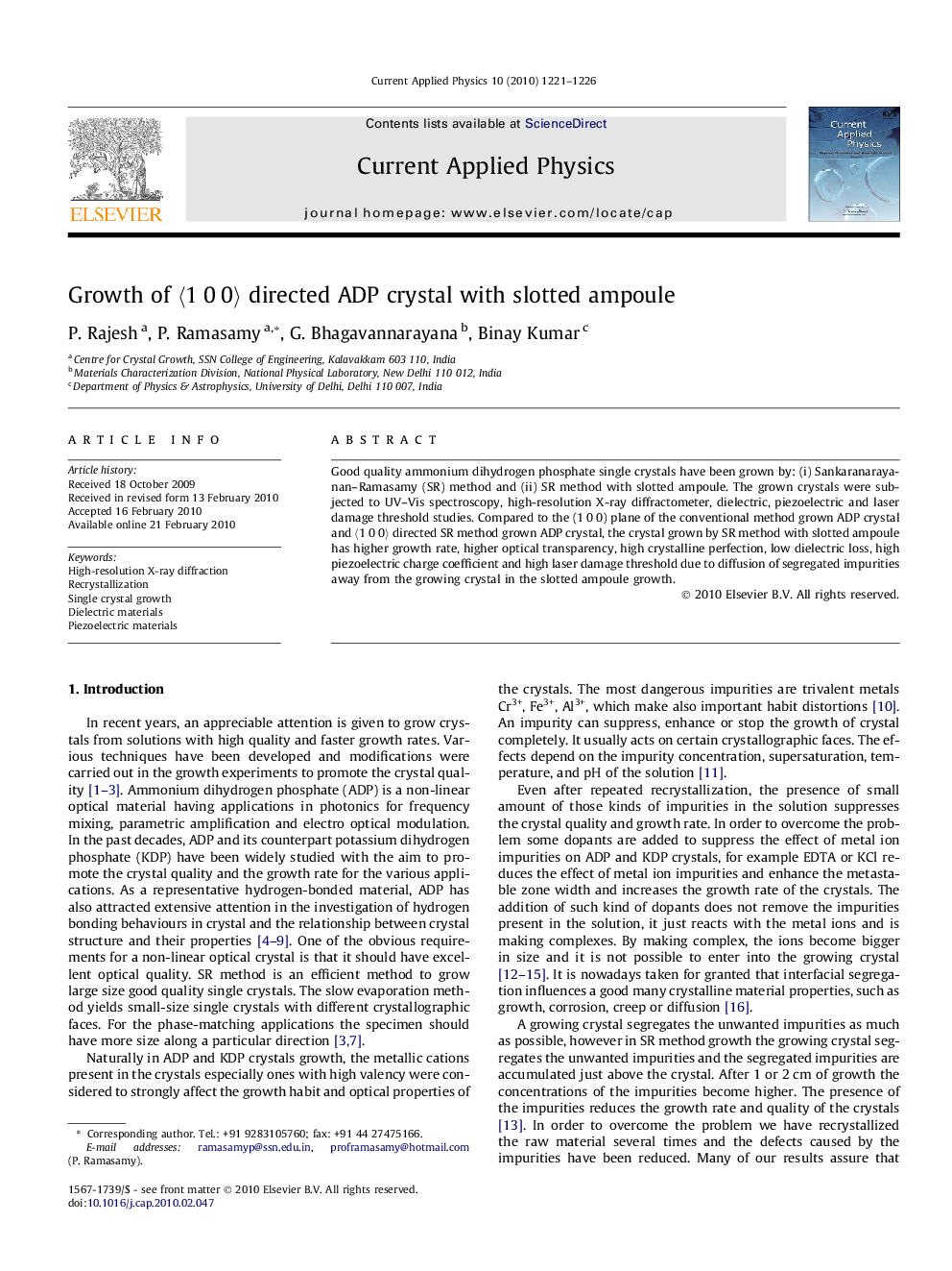 Growth of 〈1 0 0〉 directed ADP crystal with slotted ampoule