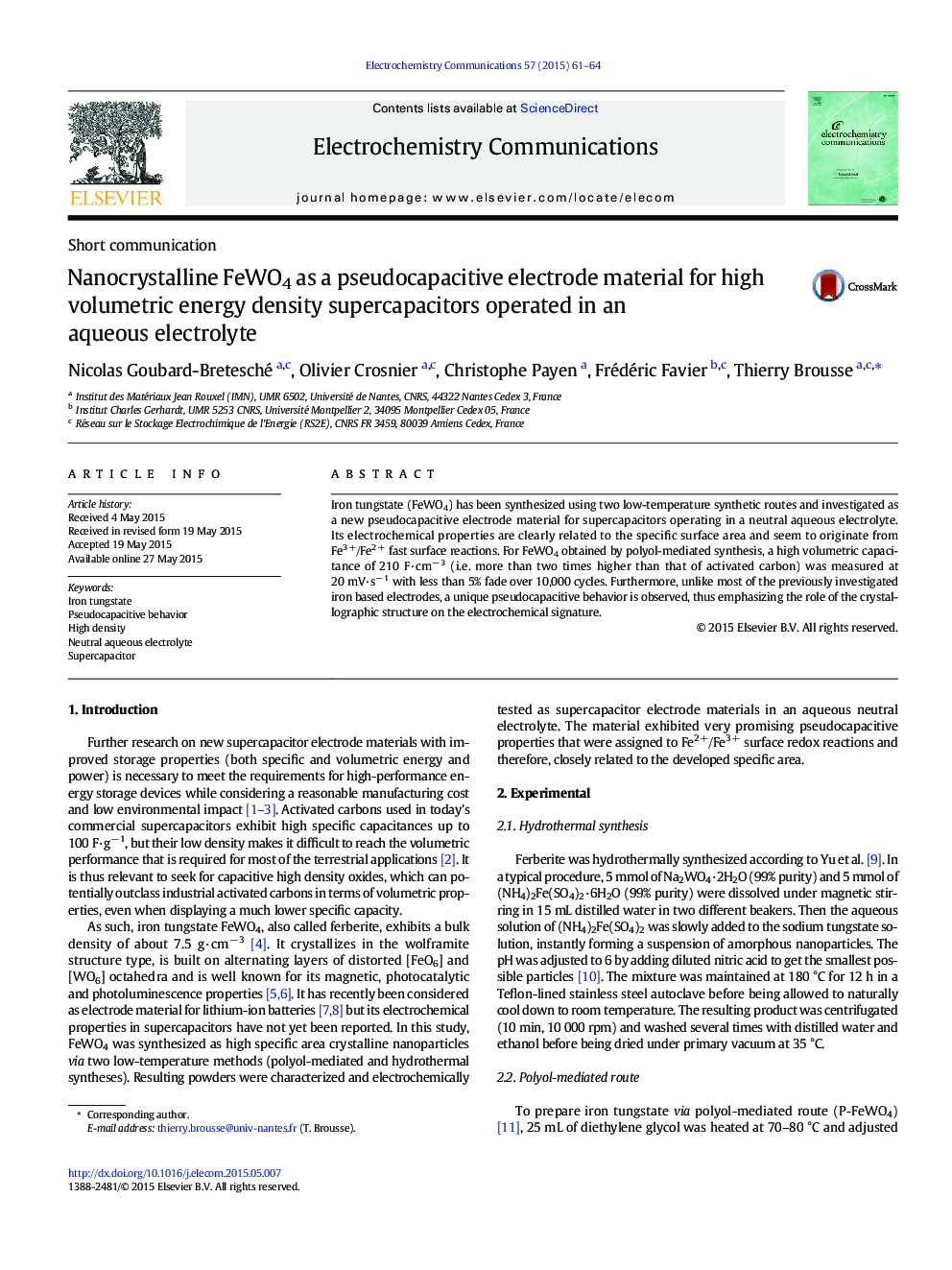 Nanocrystalline FeWO4 as a pseudocapacitive electrode material for high volumetric energy density supercapacitors operated in an aqueous electrolyte