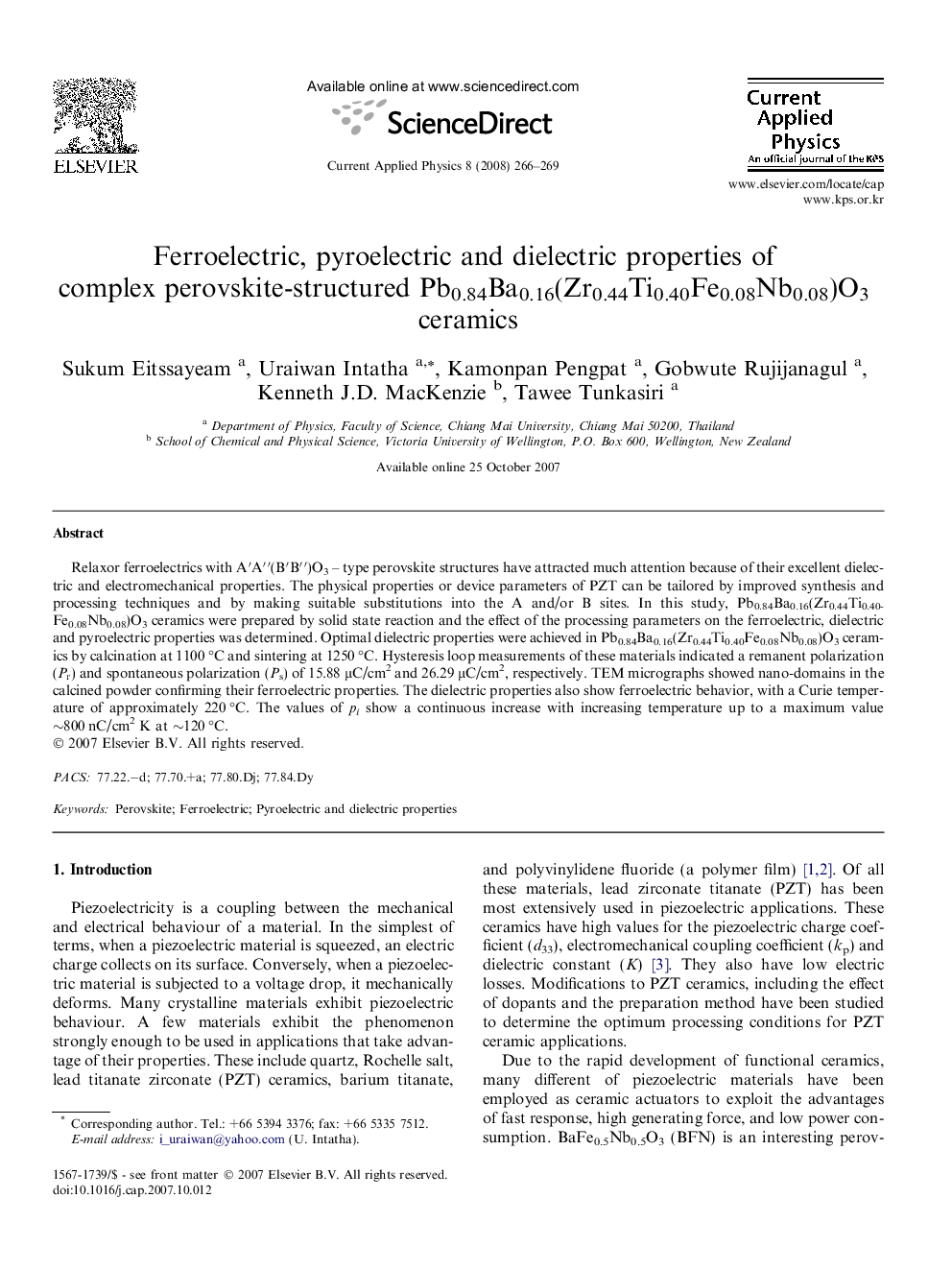 Ferroelectric, pyroelectric and dielectric properties of complex perovskite-structured Pb0.84Ba0.16(Zr0.44Ti0.40Fe0.08Nb0.08)O3 ceramics