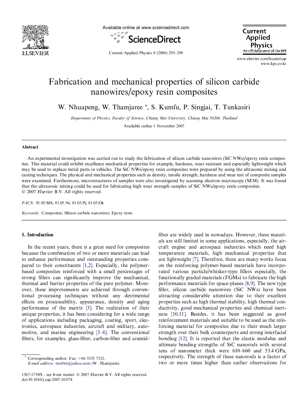 Fabrication and mechanical properties of silicon carbide nanowires/epoxy resin composites