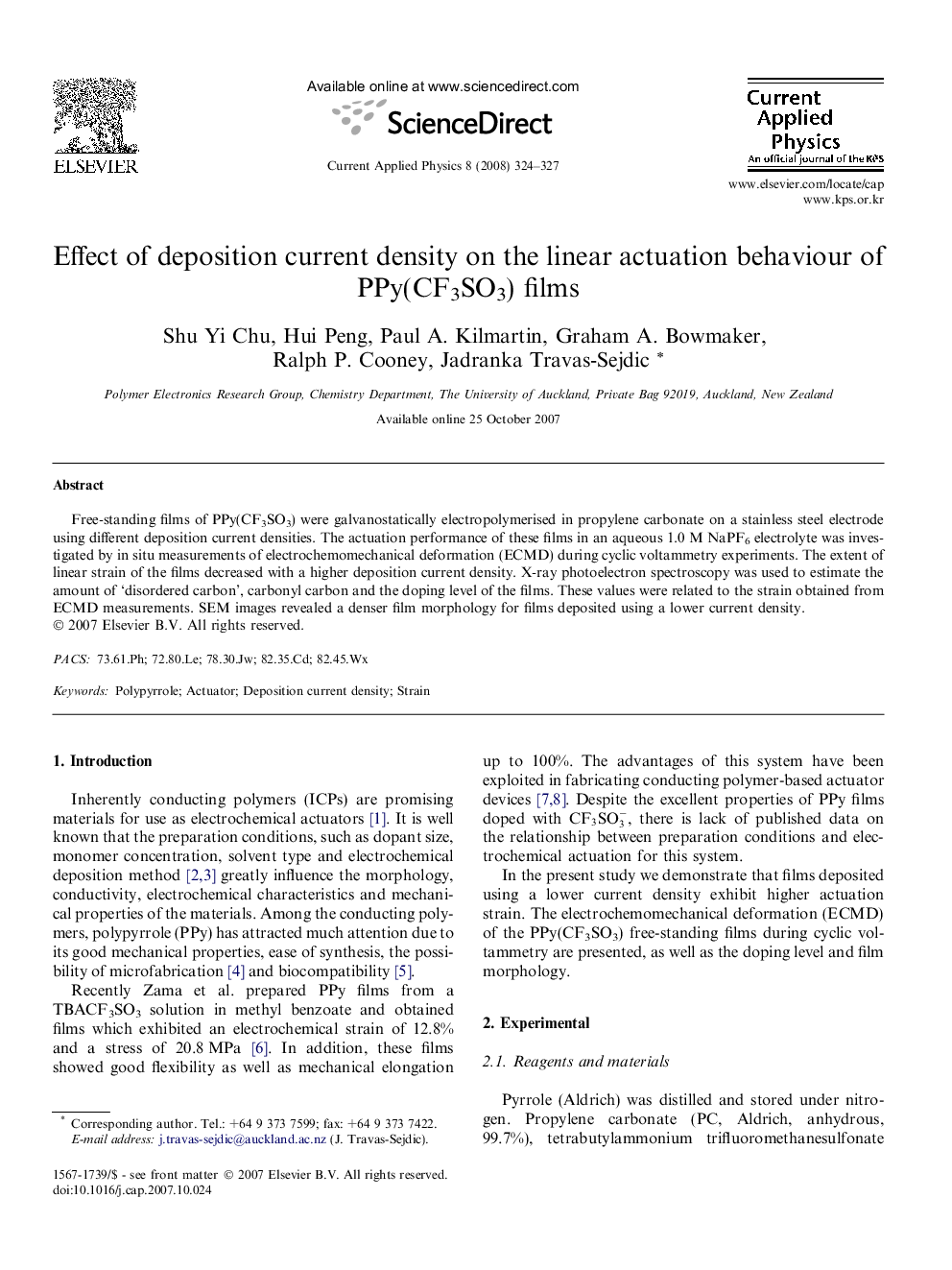 Effect of deposition current density on the linear actuation behaviour of PPy(CF3SO3) films