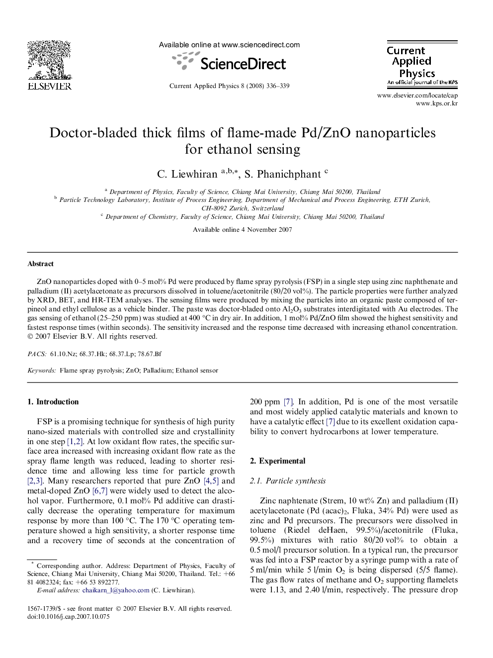 Doctor-bladed thick films of flame-made Pd/ZnO nanoparticles for ethanol sensing