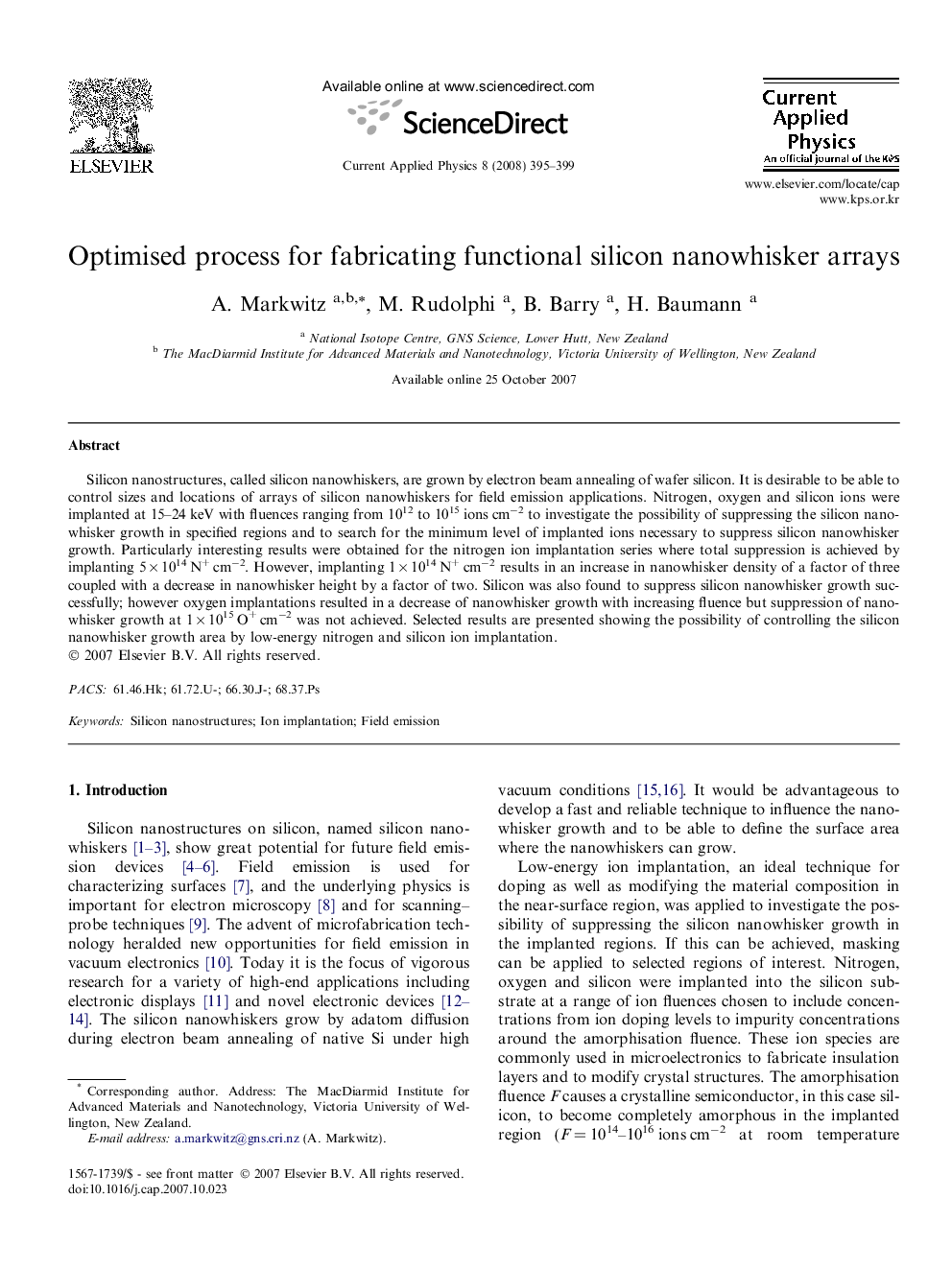 Optimised process for fabricating functional silicon nanowhisker arrays