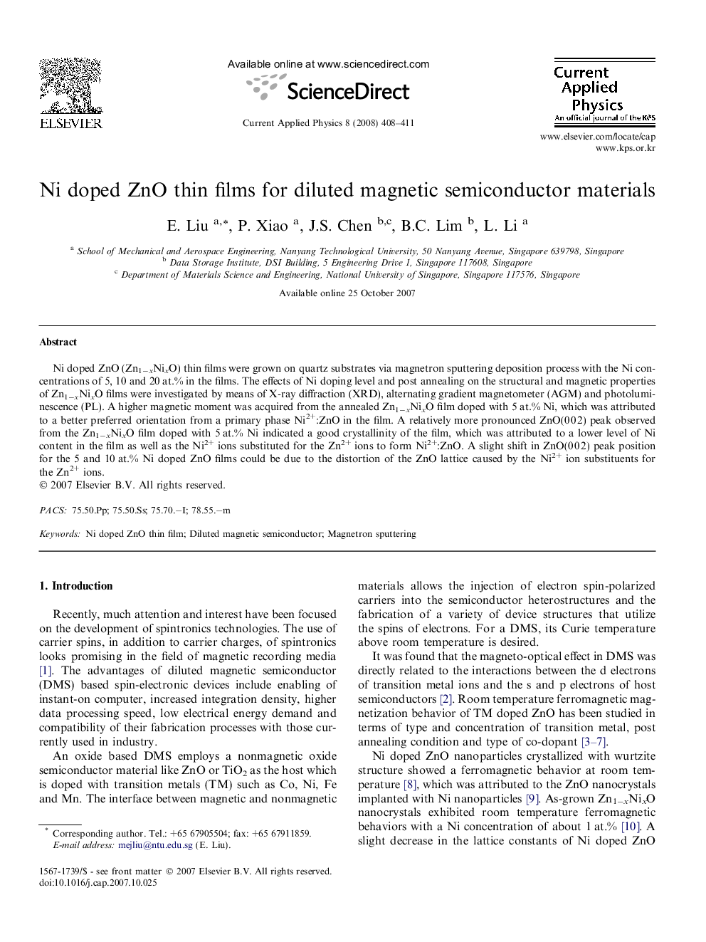 Ni doped ZnO thin films for diluted magnetic semiconductor materials