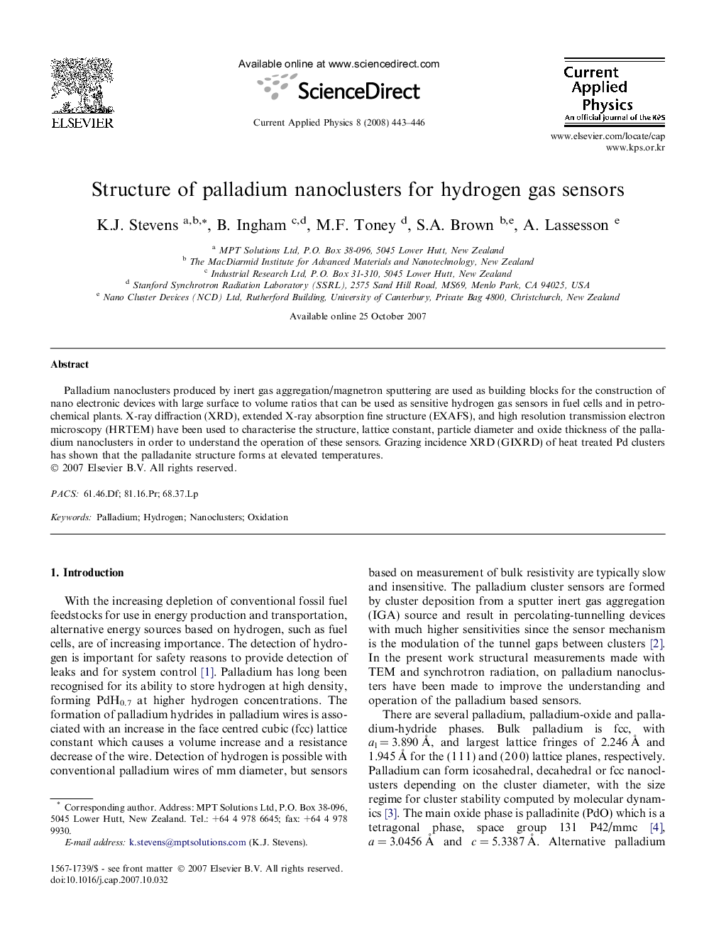 Structure of palladium nanoclusters for hydrogen gas sensors