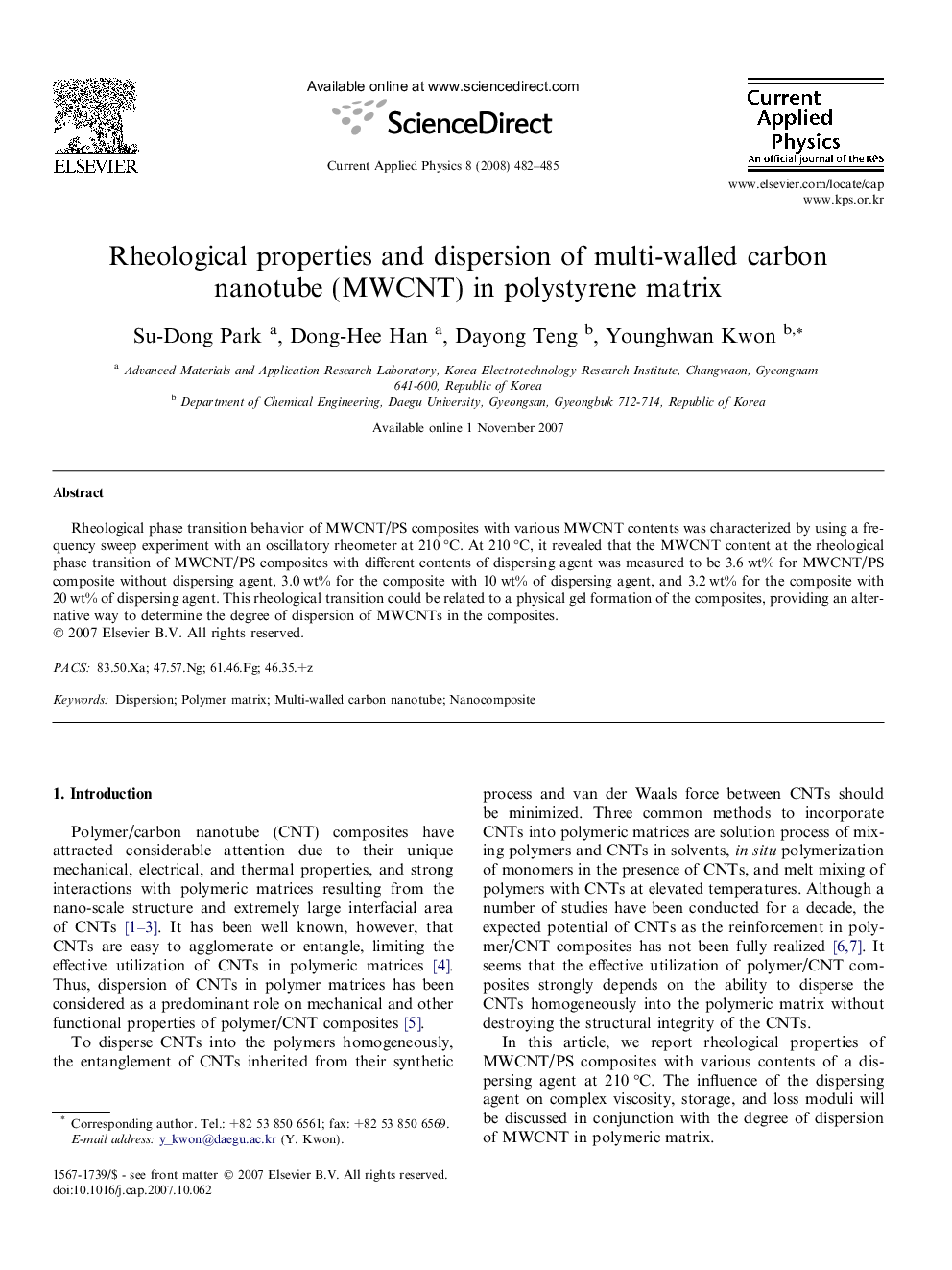 Rheological properties and dispersion of multi-walled carbon nanotube (MWCNT) in polystyrene matrix