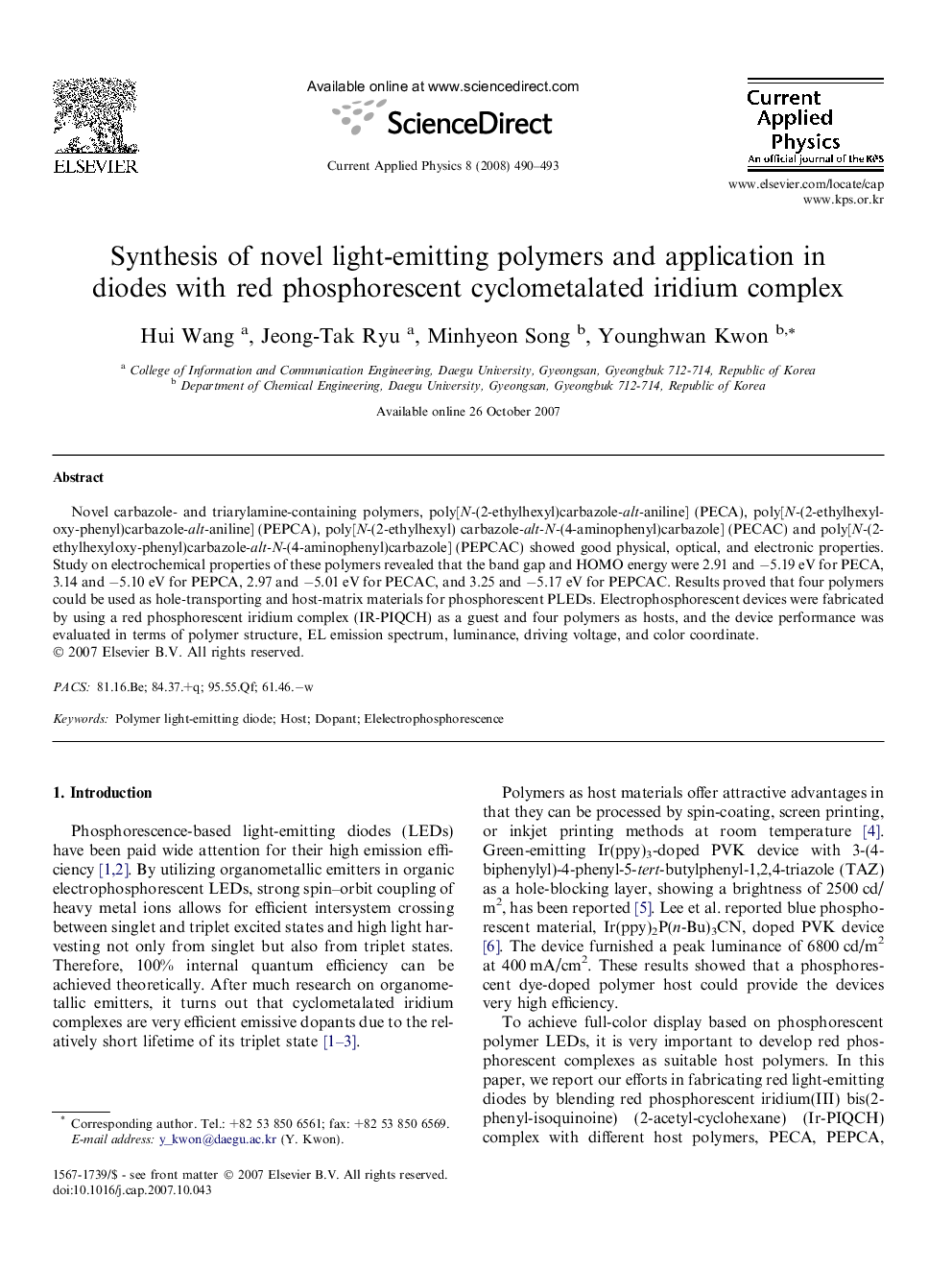 Synthesis of novel light-emitting polymers and application in diodes with red phosphorescent cyclometalated iridium complex