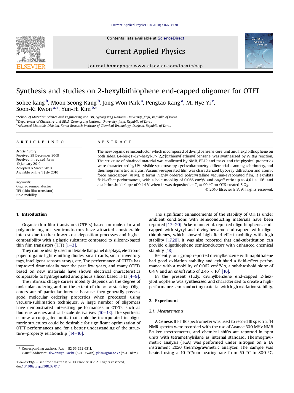 Synthesis and studies on 2-hexylbithiophene end-capped oligomer for OTFT