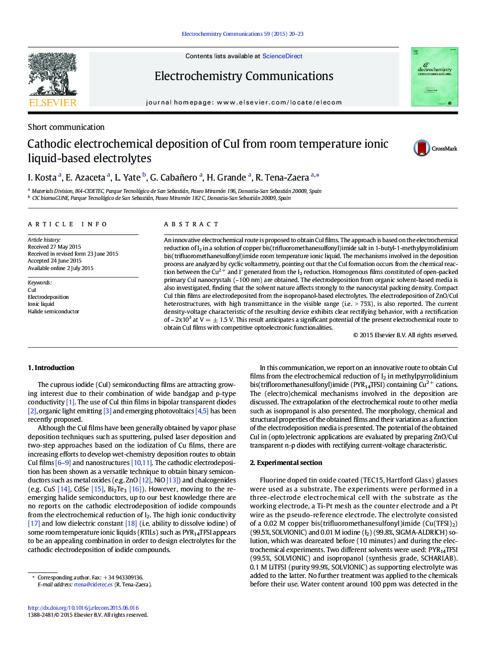 Cathodic electrochemical deposition of CuI from room temperature ionic liquid-based electrolytes