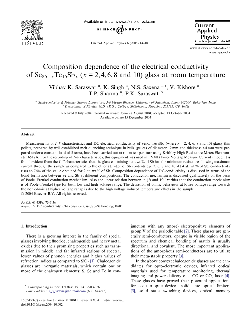 Composition dependence of the electrical conductivity of Se85−xTe15Sbx (x = 2, 4, 6, 8 and 10) glass at room temperature