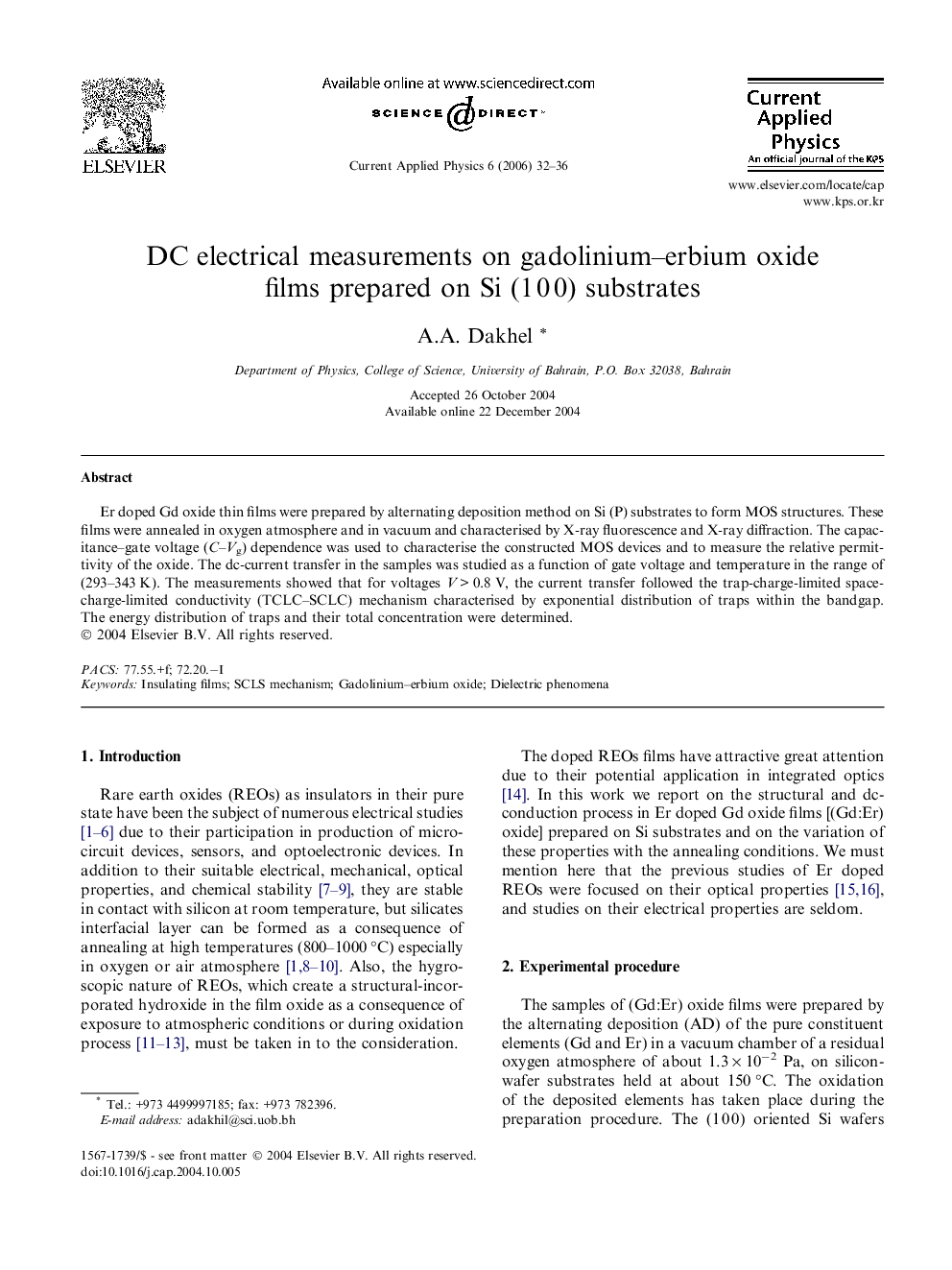 DC electrical measurements on gadolinium–erbium oxide films prepared on Si (1 0 0) substrates