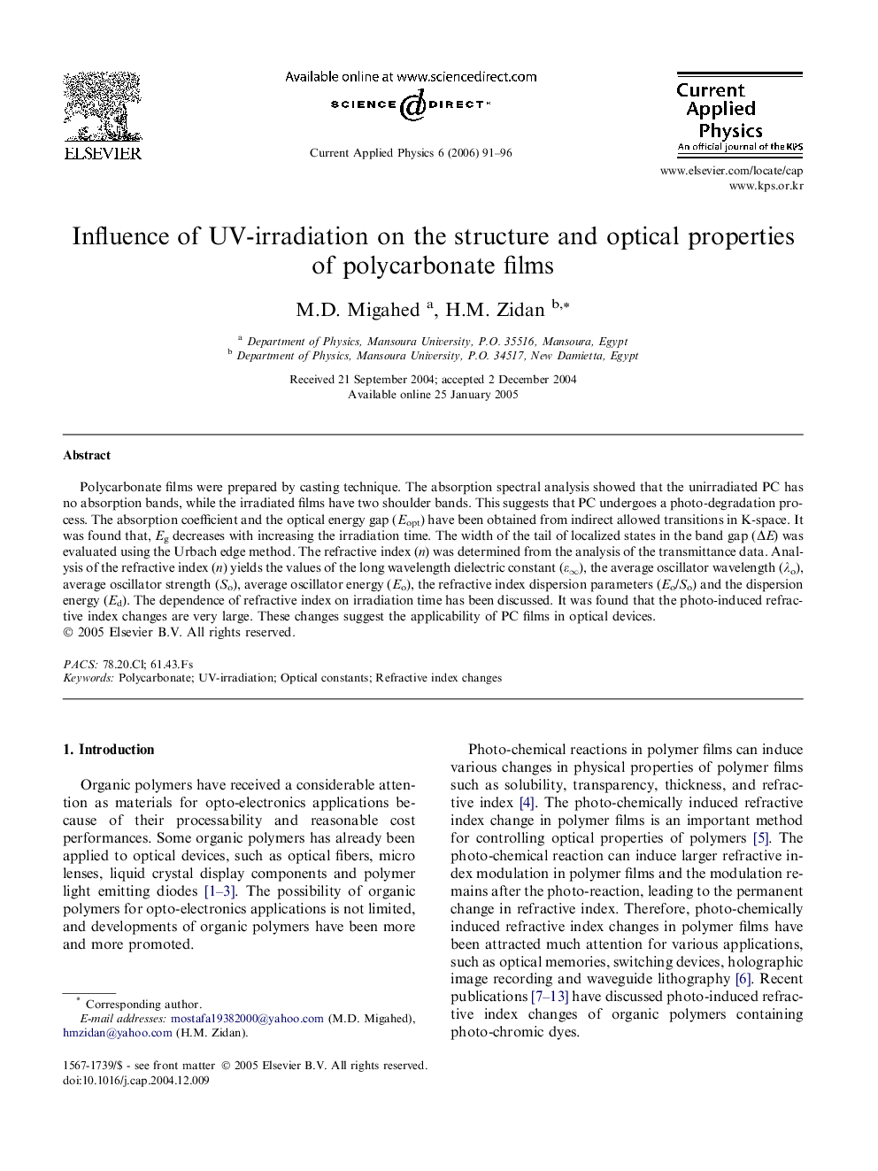 Influence of UV-irradiation on the structure and optical properties of polycarbonate films