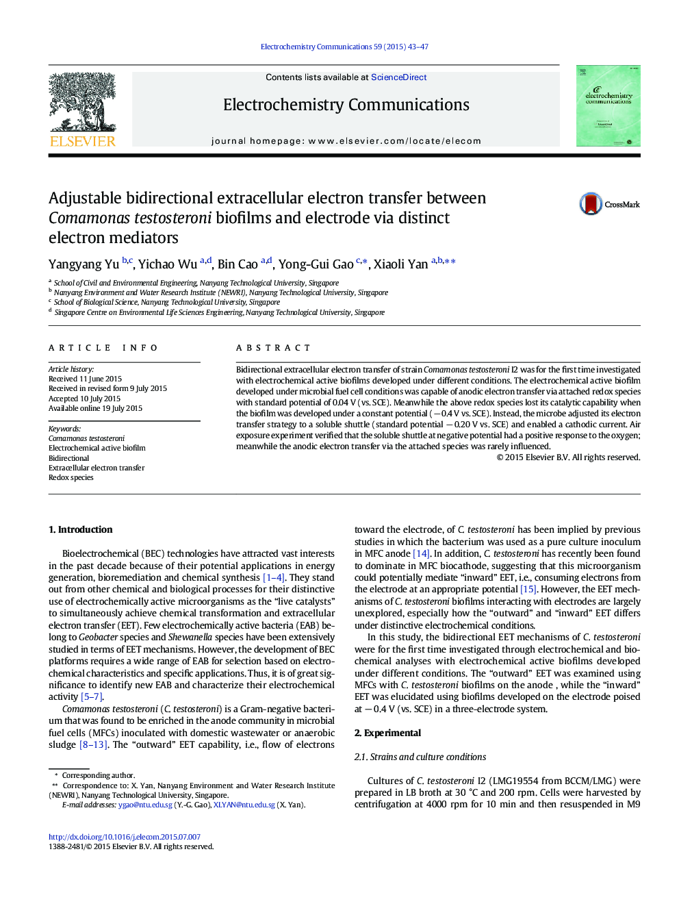 Adjustable bidirectional extracellular electron transfer between Comamonas testosteroni biofilms and electrode via distinct electron mediators