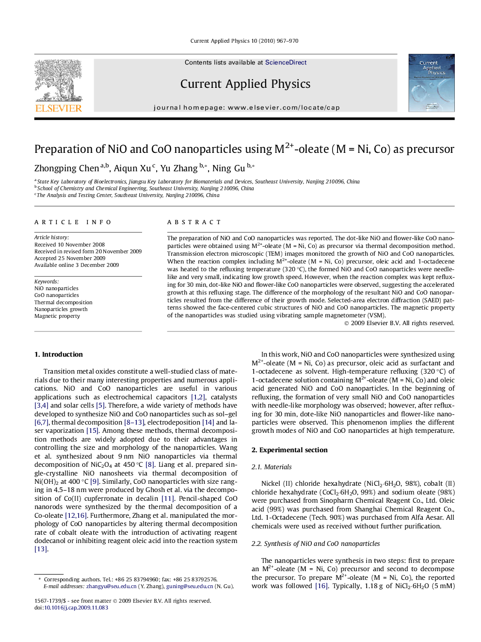 Preparation of NiO and CoO nanoparticles using M2+-oleate (M = Ni, Co) as precursor