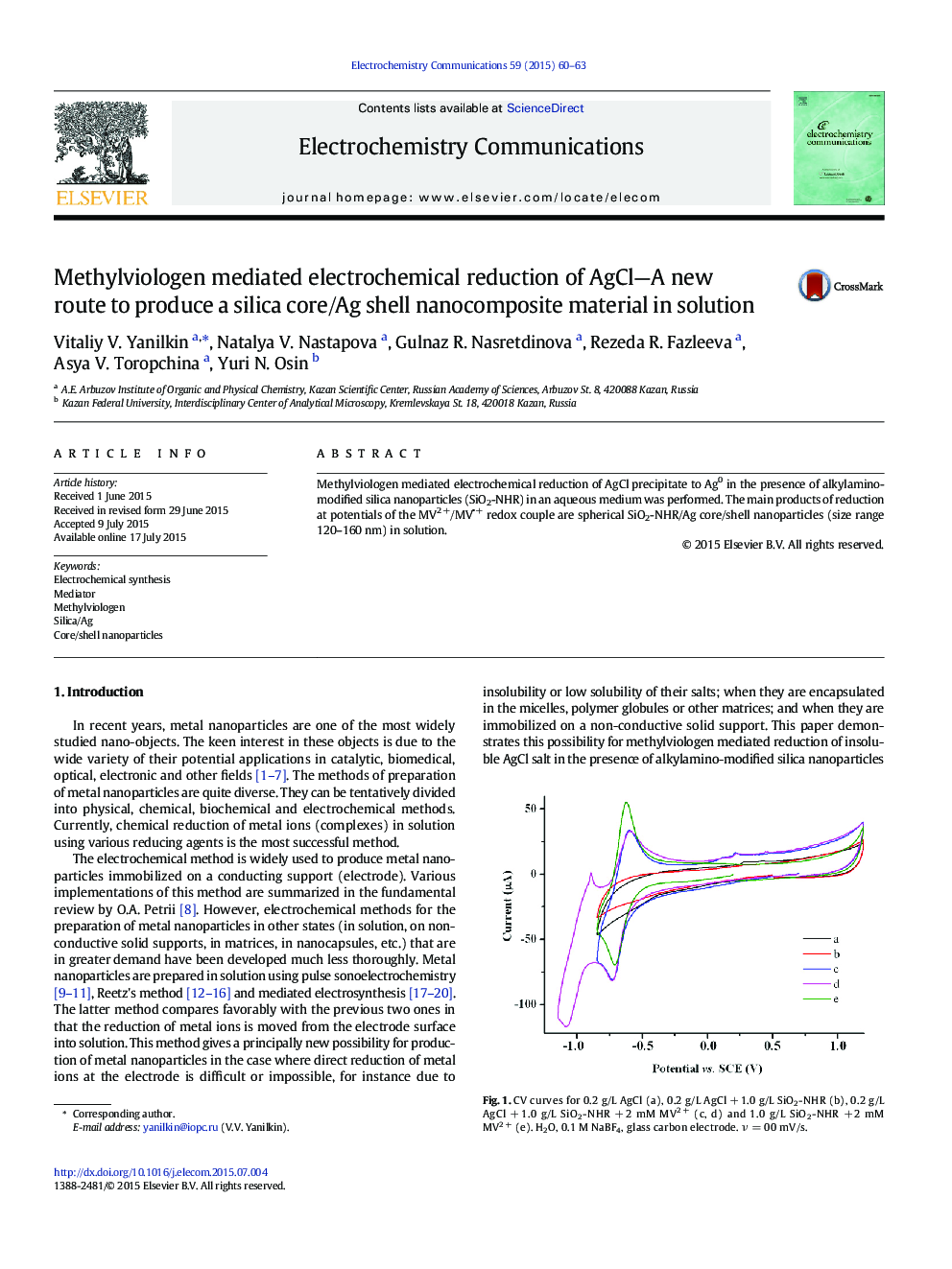 Methylviologen mediated electrochemical reduction of AgCl—A new route to produce a silica core/Ag shell nanocomposite material in solution