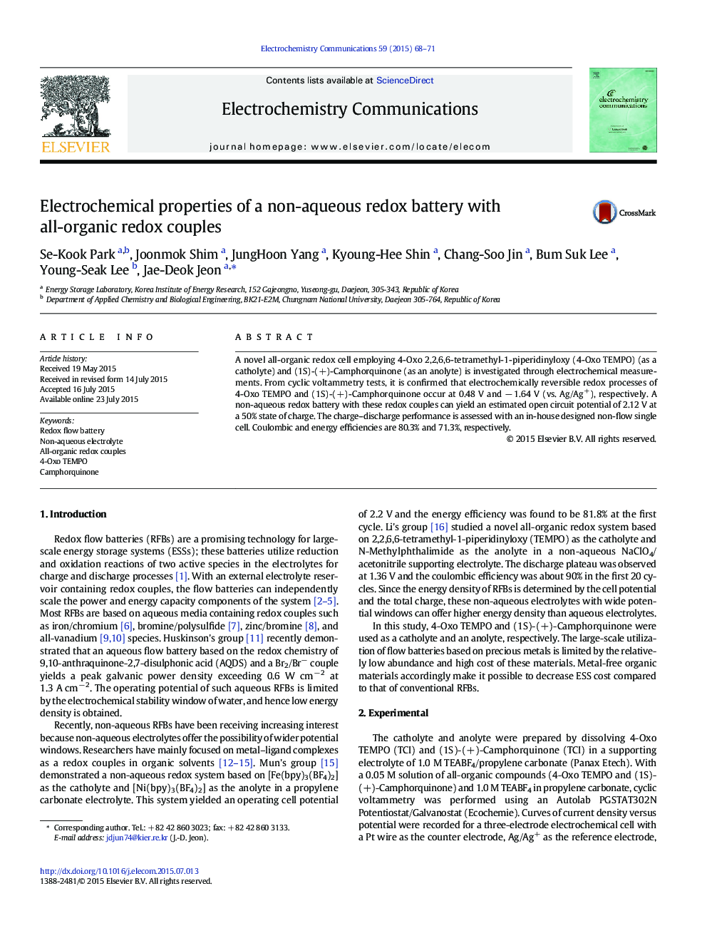 Electrochemical properties of a non-aqueous redox battery with all-organic redox couples