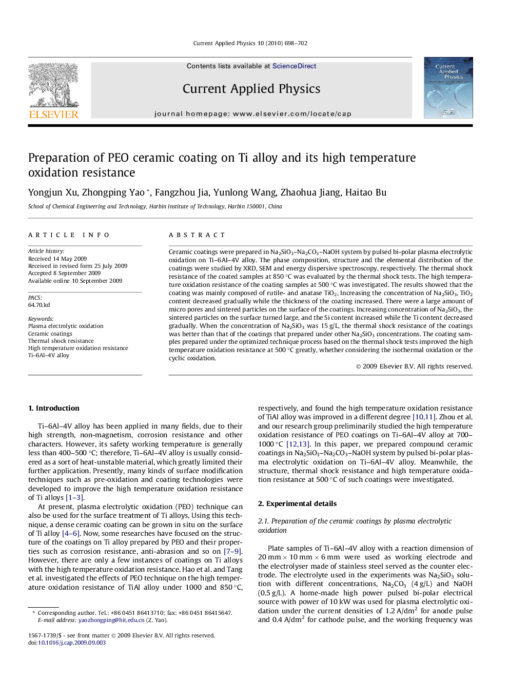 Preparation of PEO ceramic coating on Ti alloy and its high temperature oxidation resistance