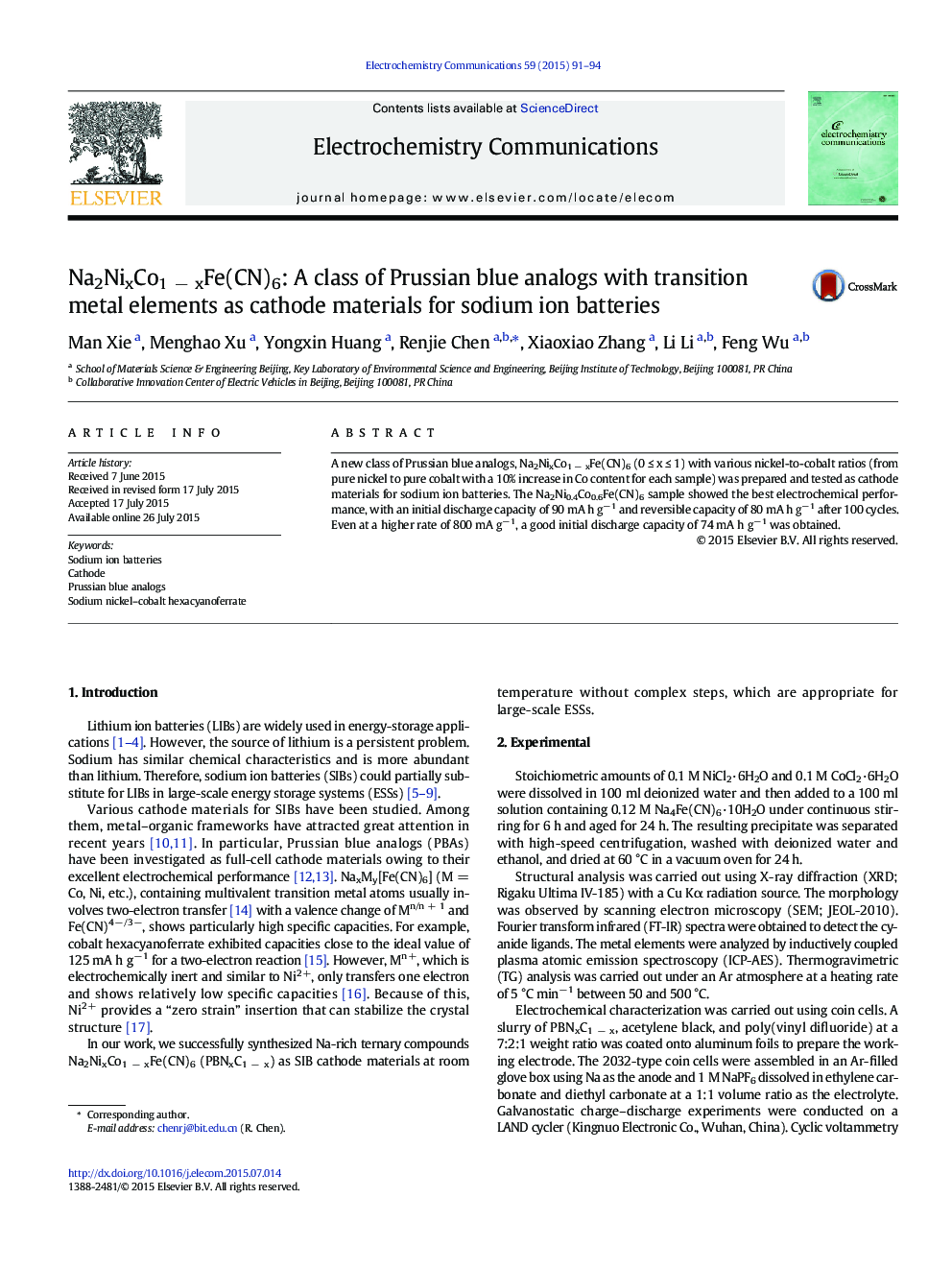 Na2NixCo1 − xFe(CN)6: A class of Prussian blue analogs with transition metal elements as cathode materials for sodium ion batteries