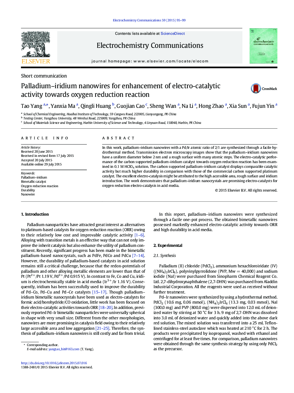 Palladium–iridium nanowires for enhancement of electro-catalytic activity towards oxygen reduction reaction