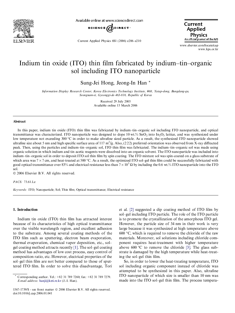 Indium tin oxide (ITO) thin film fabricated by indium–tin–organic sol including ITO nanoparticle