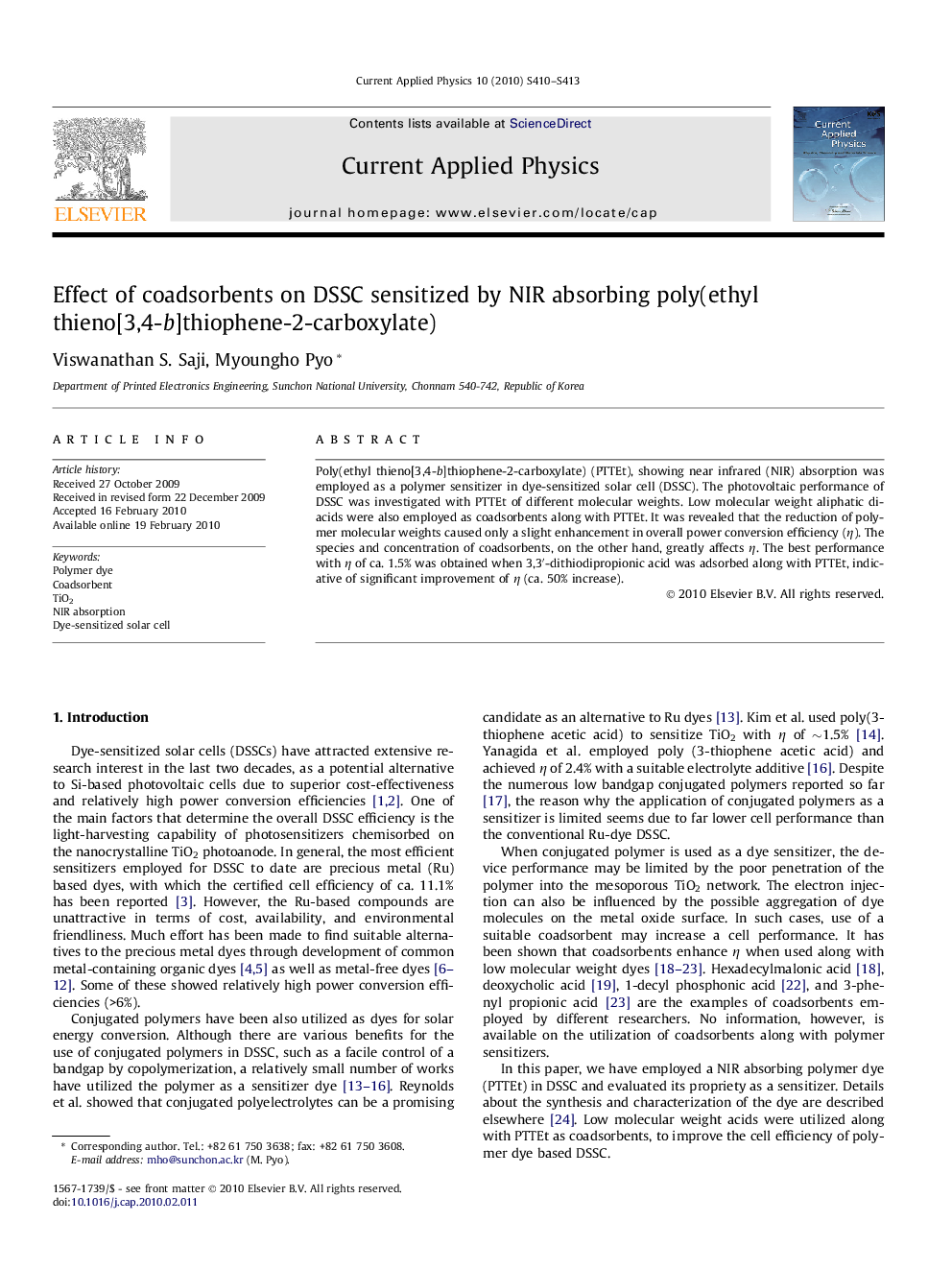 Effect of coadsorbents on DSSC sensitized by NIR absorbing poly(ethyl thieno[3,4-b]thiophene-2-carboxylate)