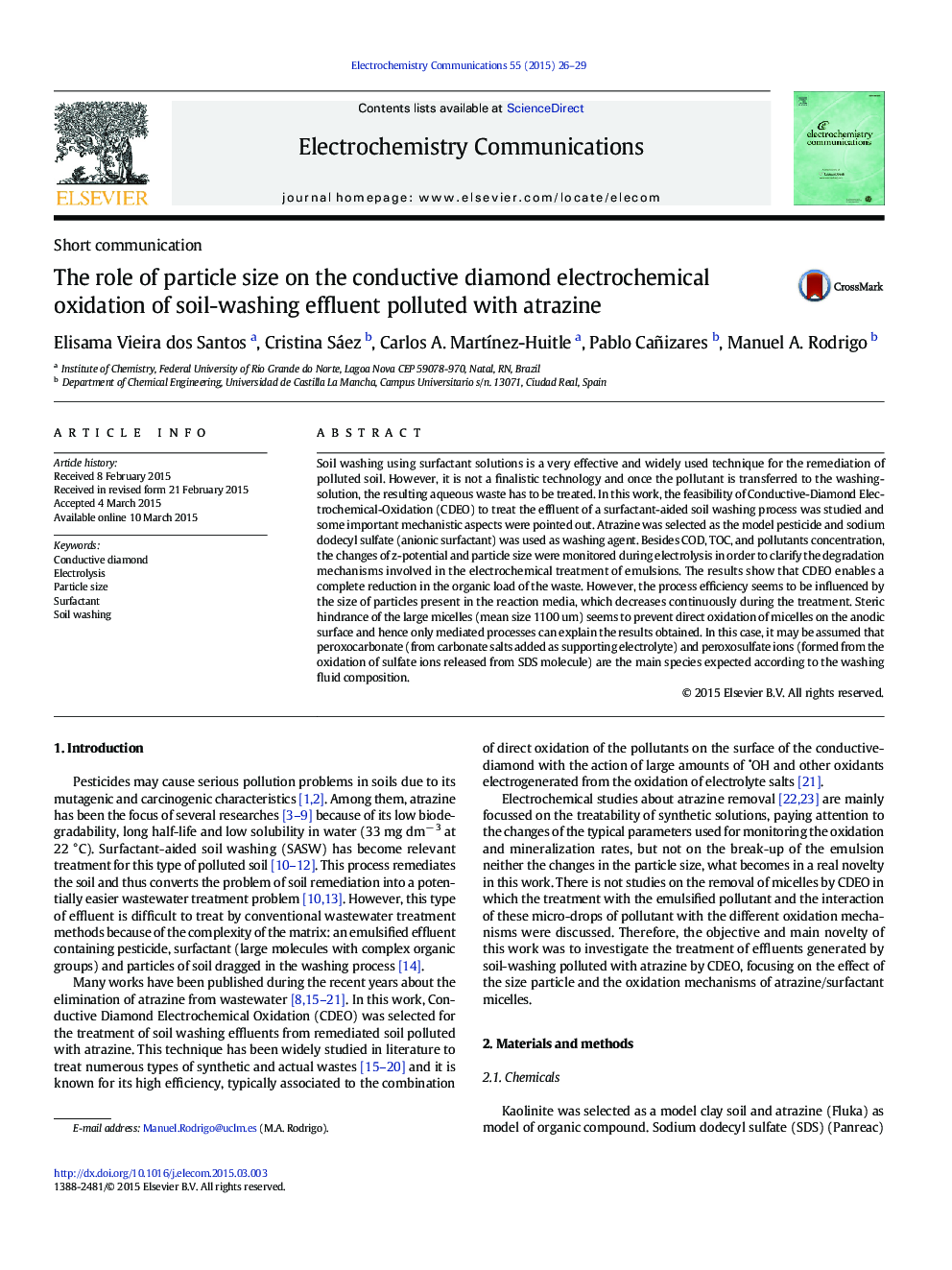 The role of particle size on the conductive diamond electrochemical oxidation of soil-washing effluent polluted with atrazine