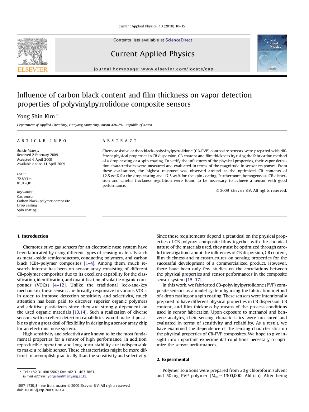 Influence of carbon black content and film thickness on vapor detection properties of polyvinylpyrrolidone composite sensors