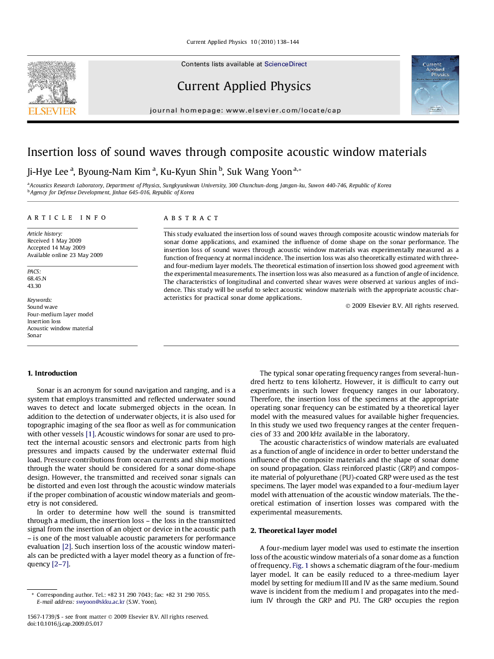 Insertion loss of sound waves through composite acoustic window materials