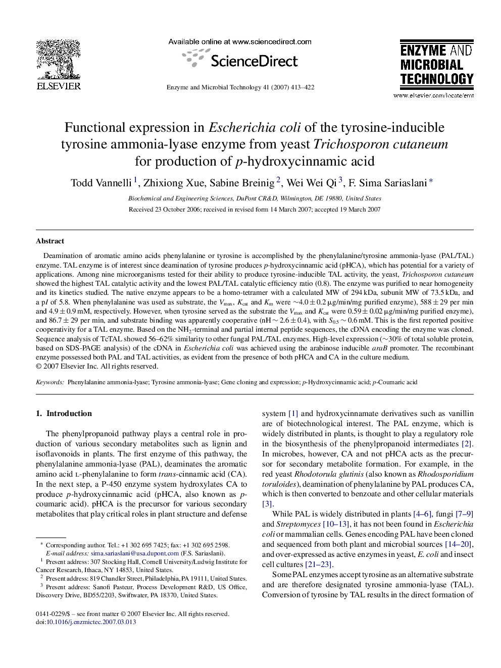 Functional expression in Escherichia coli of the tyrosine-inducible tyrosine ammonia-lyase enzyme from yeast Trichosporon cutaneum for production of p-hydroxycinnamic acid