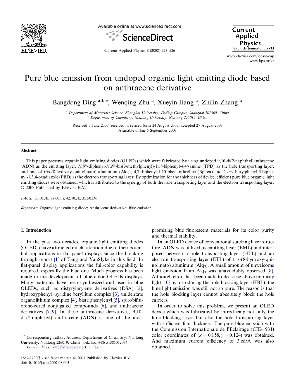 Pure blue emission from undoped organic light emitting diode based on anthracene derivative