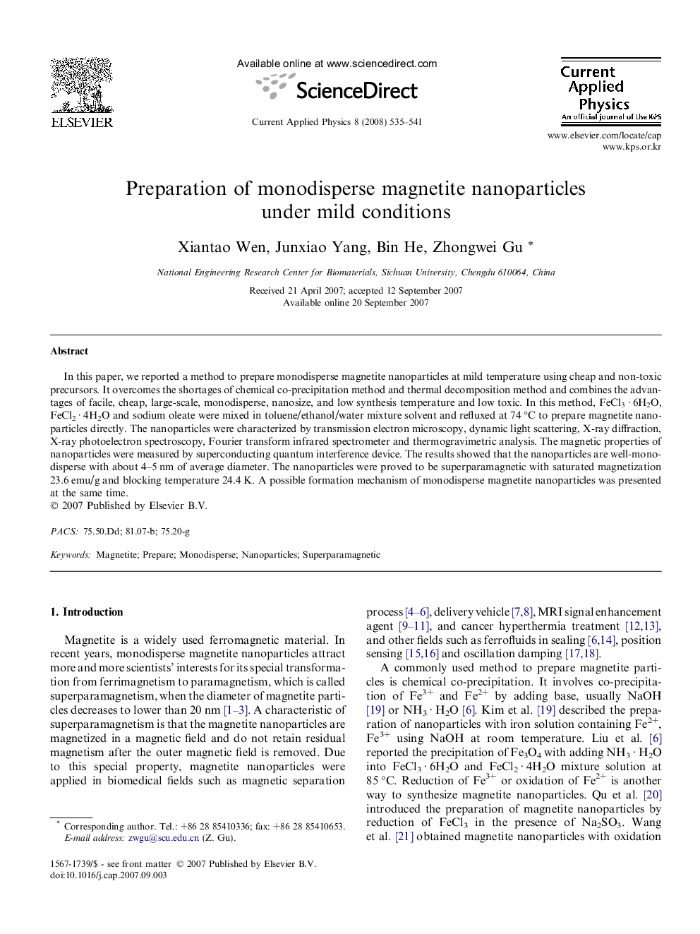 Preparation of monodisperse magnetite nanoparticles under mild conditions