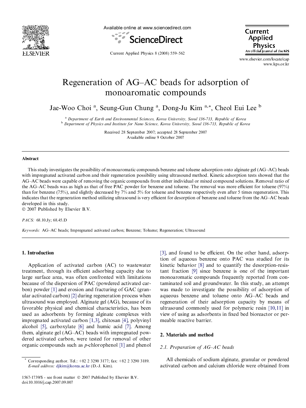 Regeneration of AG-AC beads for adsorption of monoaromatic compounds