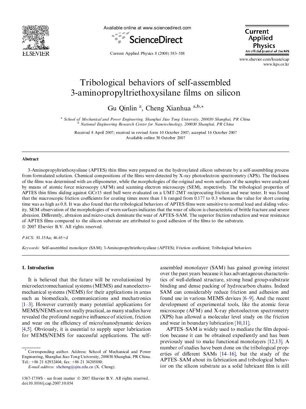 Tribological behaviors of self-assembled 3-aminopropyltriethoxysilane films on silicon