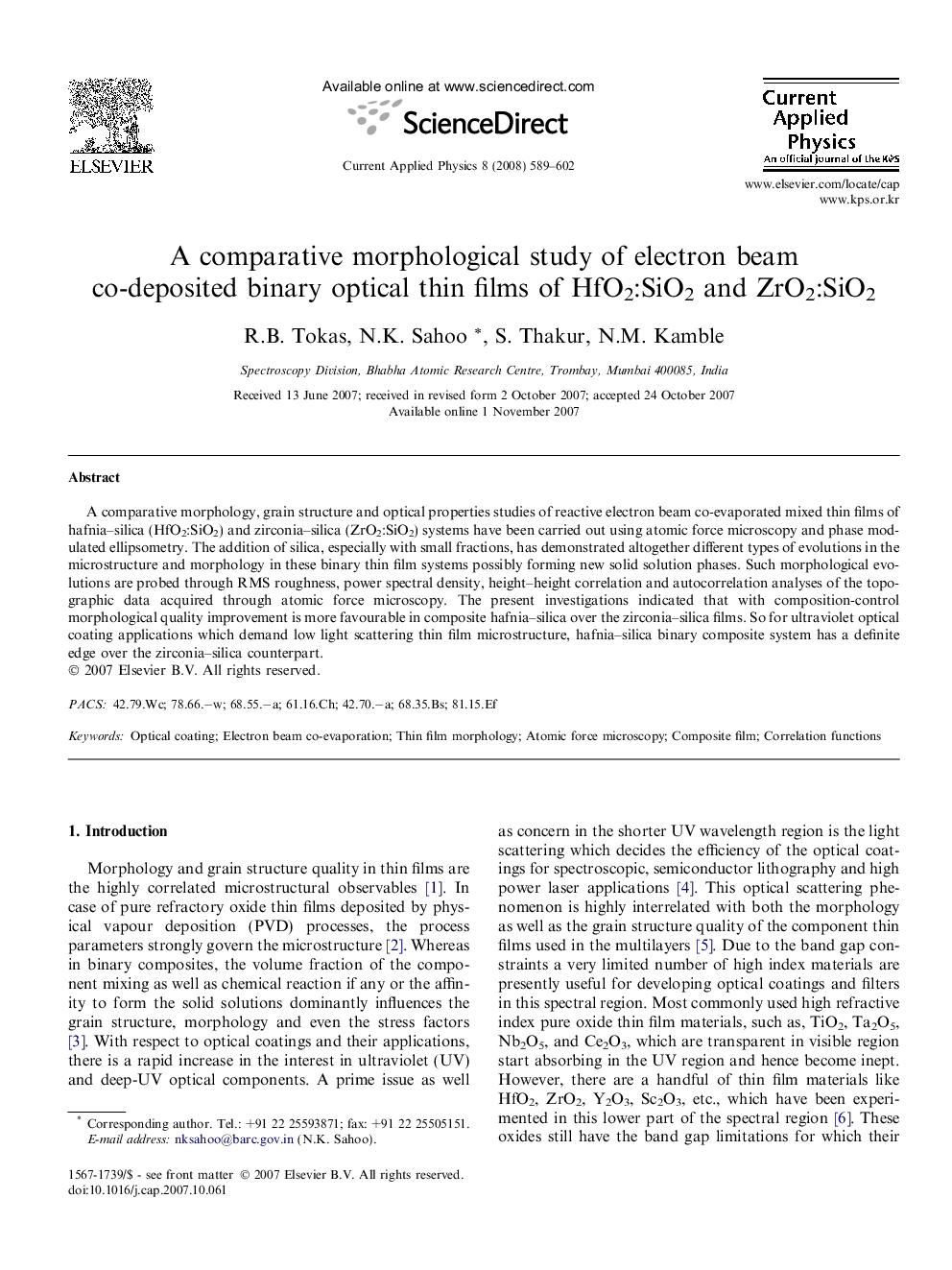 A comparative morphological study of electron beam co-deposited binary optical thin films of HfO2:SiO2 and ZrO2:SiO2