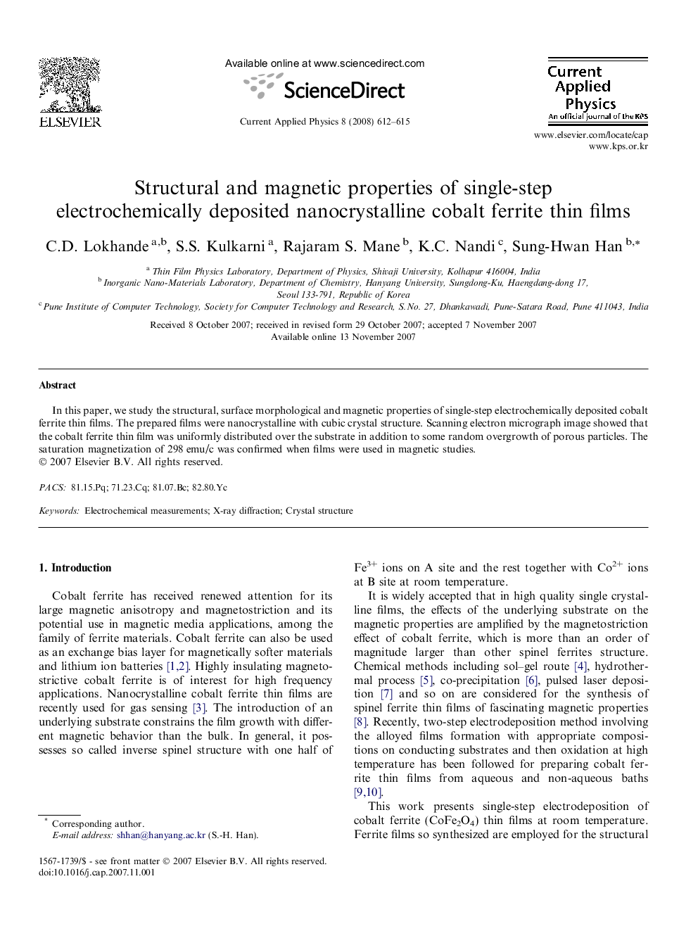 Structural and magnetic properties of single-step electrochemically deposited nanocrystalline cobalt ferrite thin films