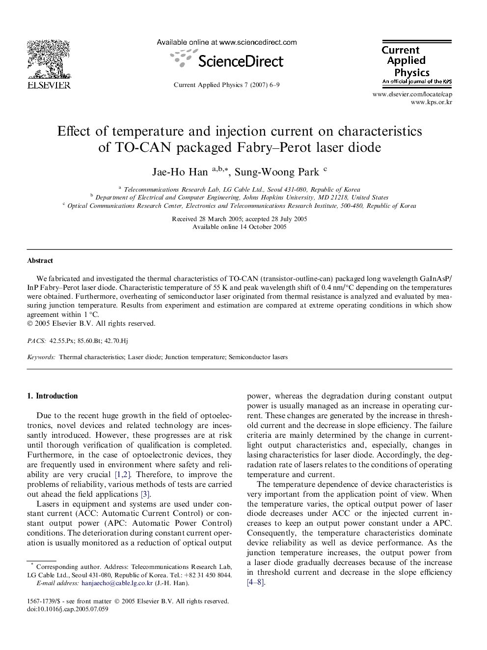 Effect of temperature and injection current on characteristics of TO-CAN packaged Fabry–Perot laser diode