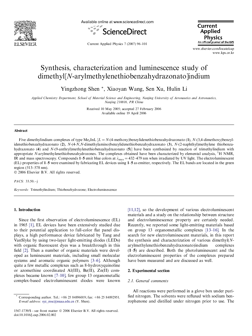 Synthesis, characterization and luminescence study of dimethyl[N-arylmethylenethiobenzahydrazonato]indium