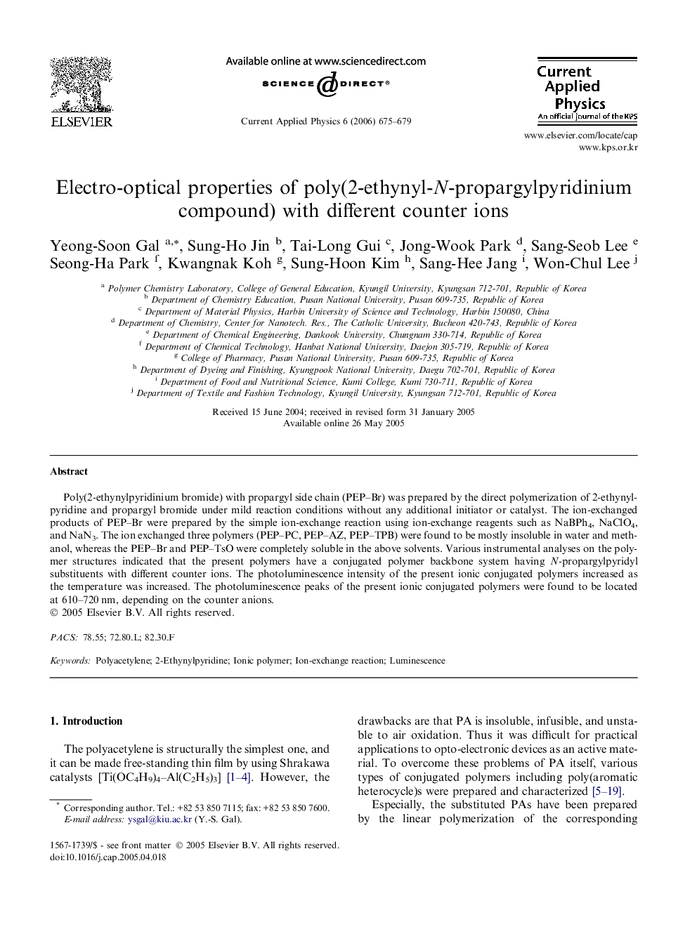 Electro-optical properties of poly(2-ethynyl-N-propargylpyridinium compound) with different counter ions