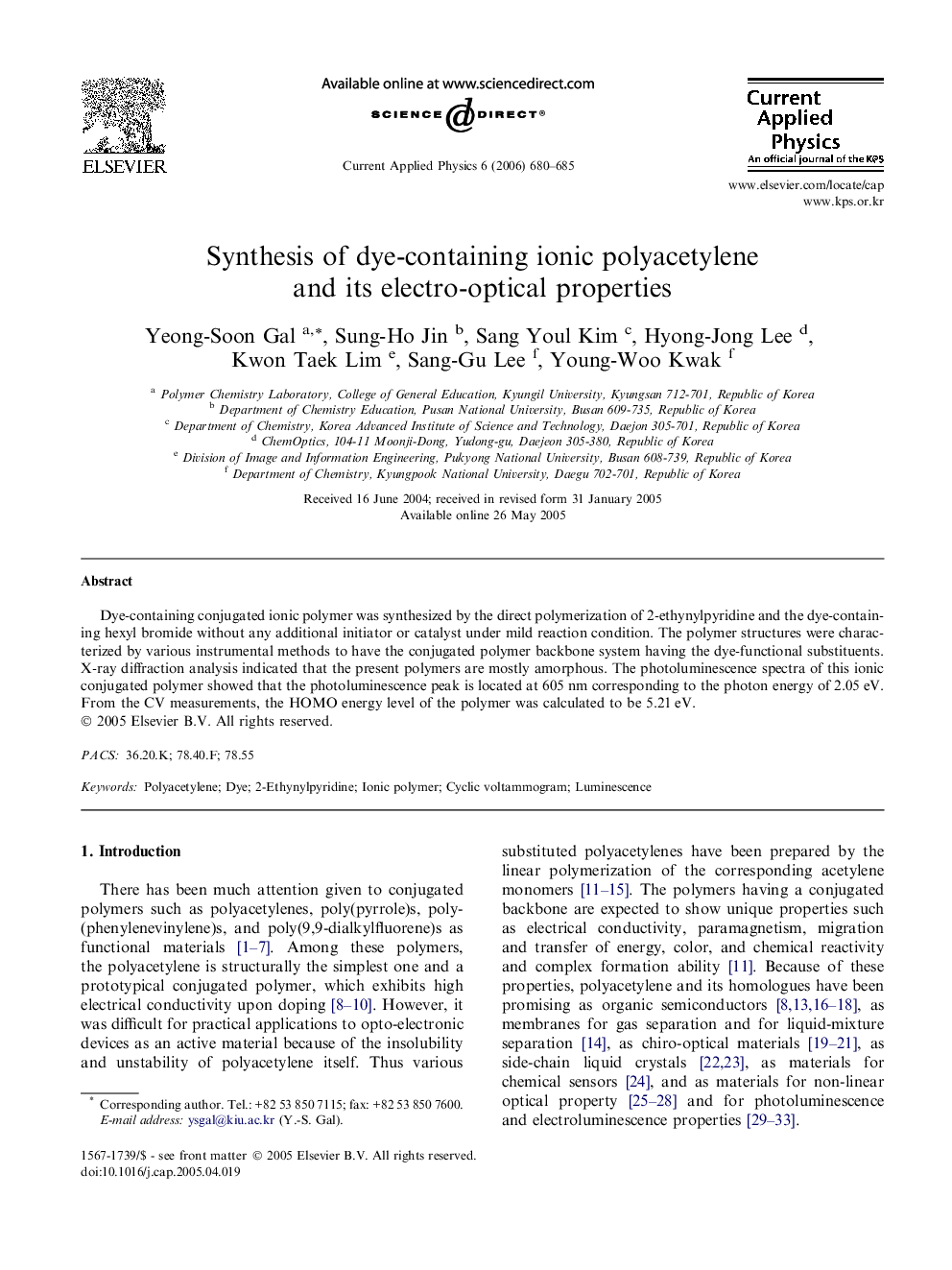 Synthesis of dye-containing ionic polyacetylene and its electro-optical properties