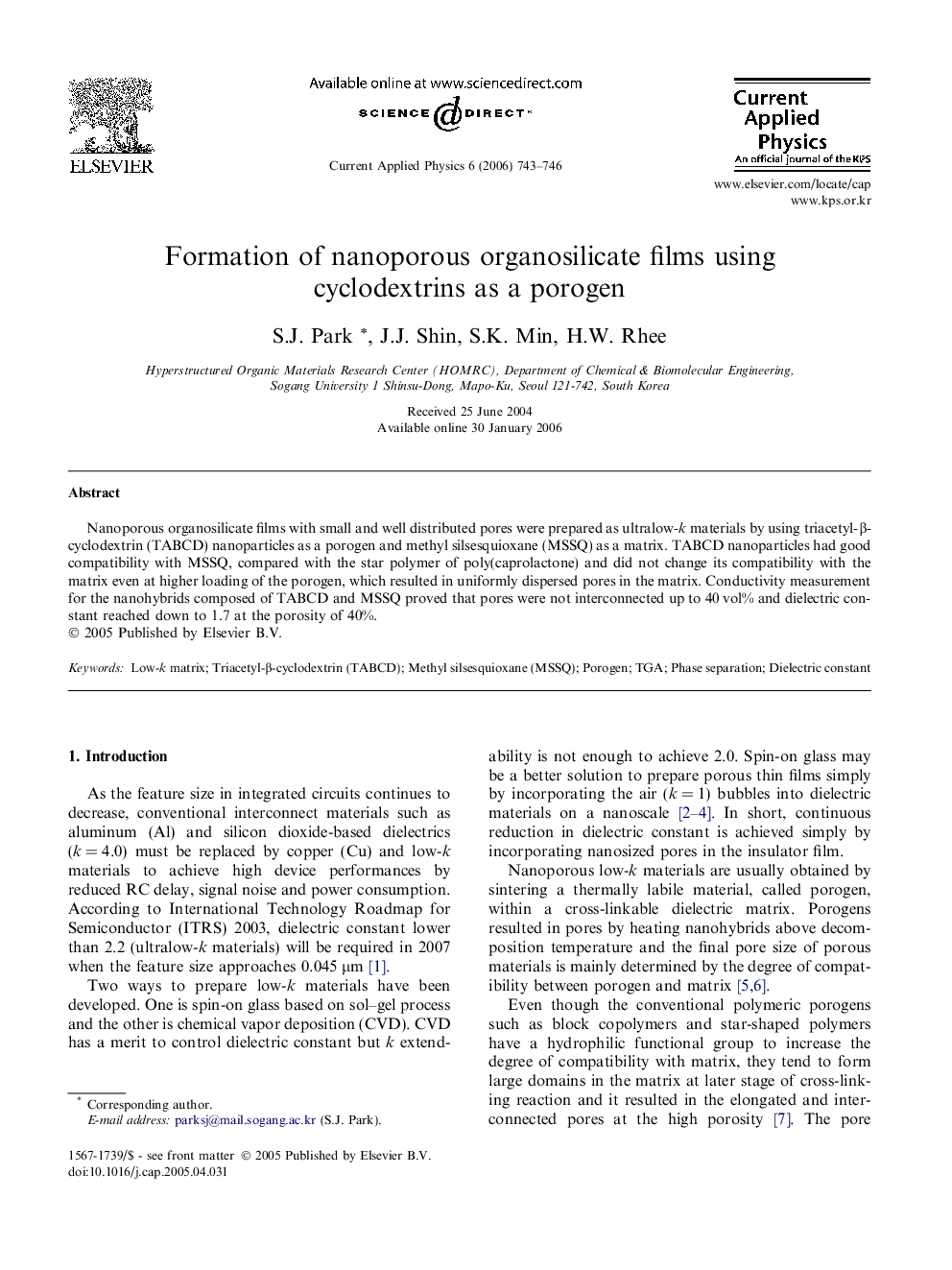 Formation of nanoporous organosilicate films using cyclodextrins as a porogen