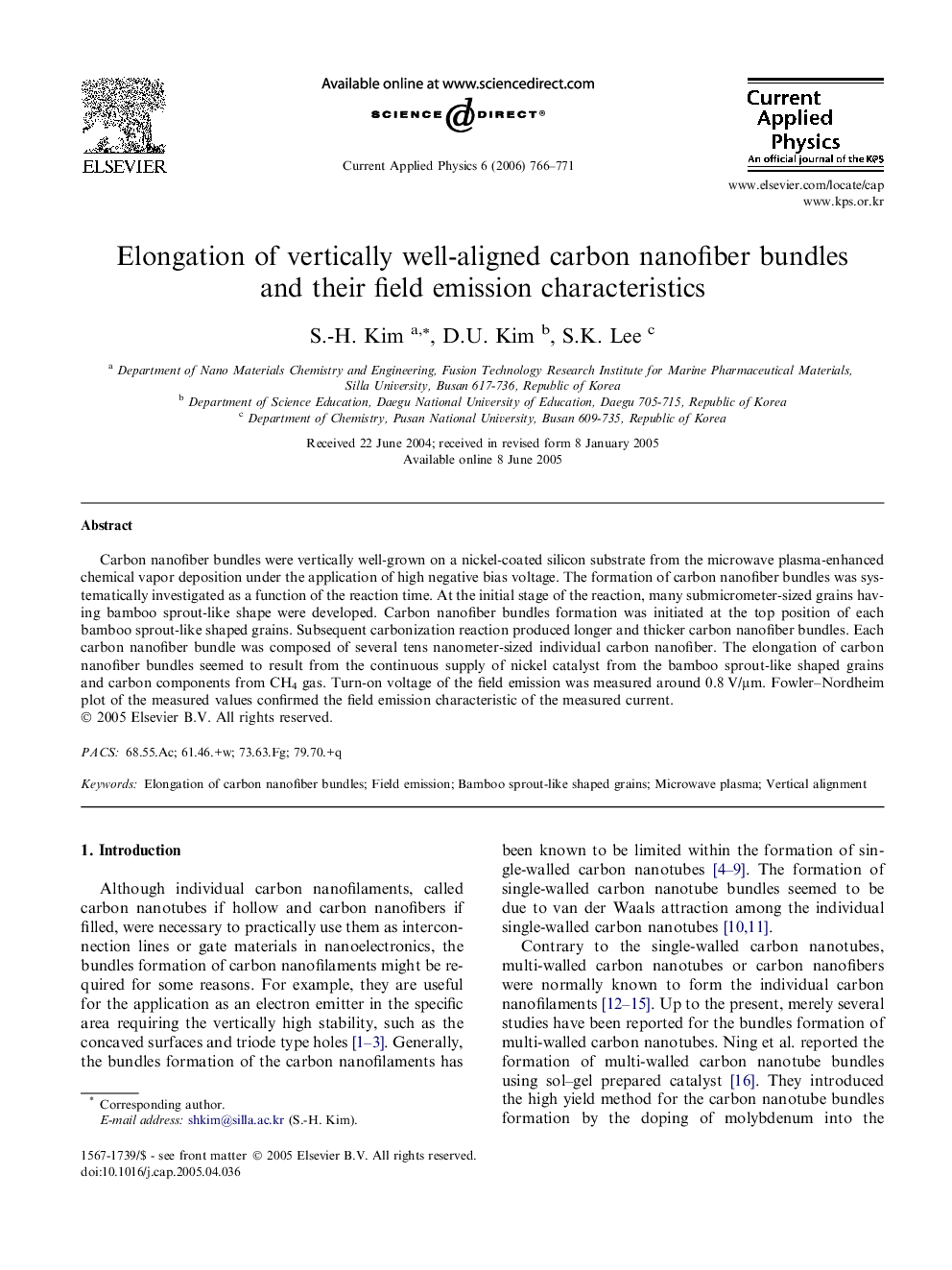 Elongation of vertically well-aligned carbon nanofiber bundles and their field emission characteristics