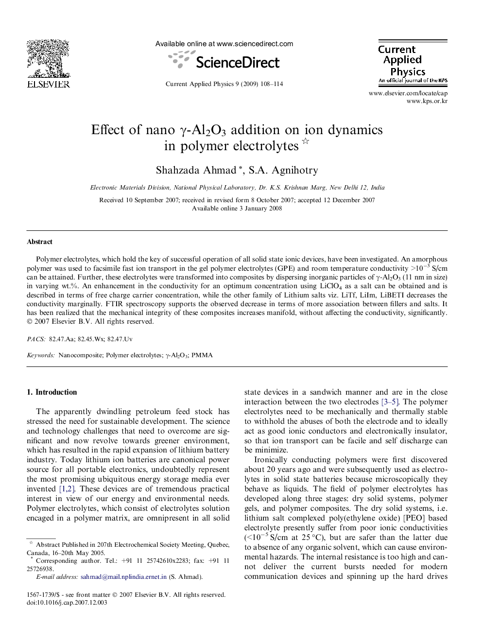 Effect of nano Î³-Al2O3 addition on ion dynamics in polymer electrolytes