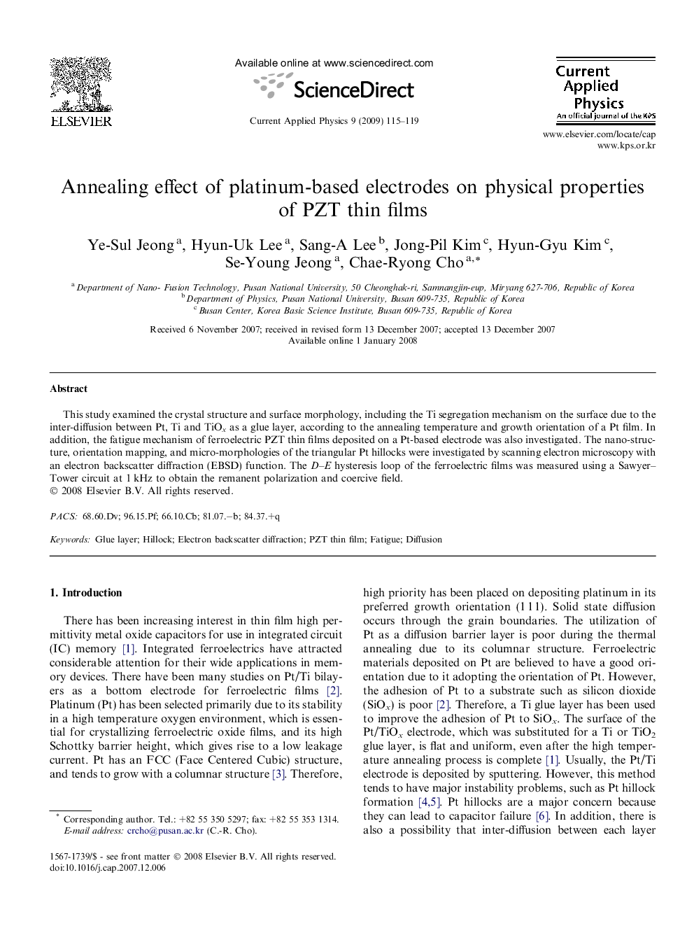 Annealing effect of platinum-based electrodes on physical properties of PZT thin films