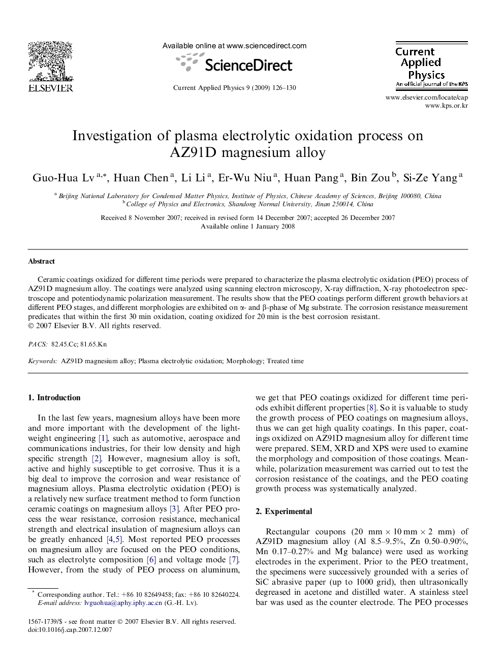 Investigation of plasma electrolytic oxidation process on AZ91D magnesium alloy