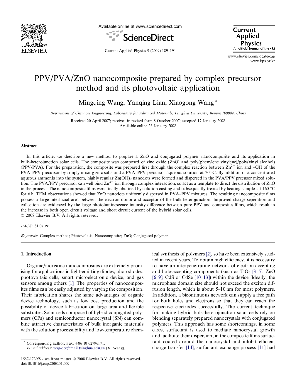 PPV/PVA/ZnO nanocomposite prepared by complex precursor method and its photovoltaic application