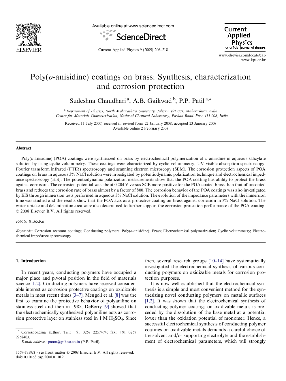 Poly(o-anisidine) coatings on brass: Synthesis, characterization and corrosion protection