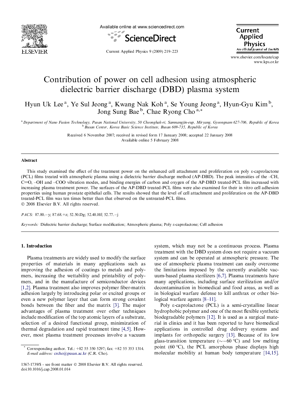 Contribution of power on cell adhesion using atmospheric dielectric barrier discharge (DBD) plasma system