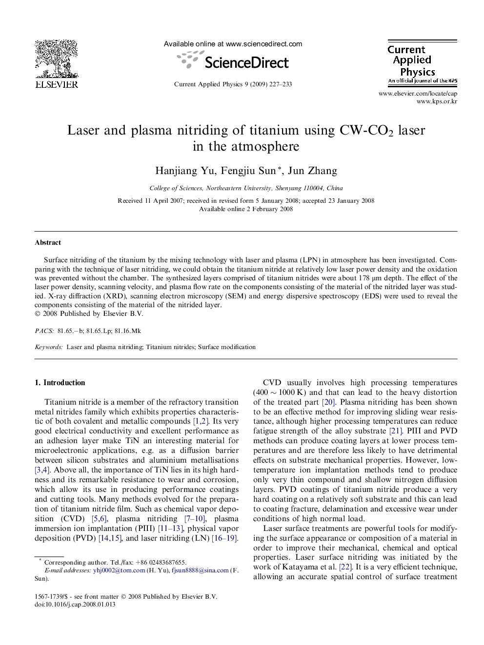 Laser and plasma nitriding of titanium using CW-CO2 laser in the atmosphere